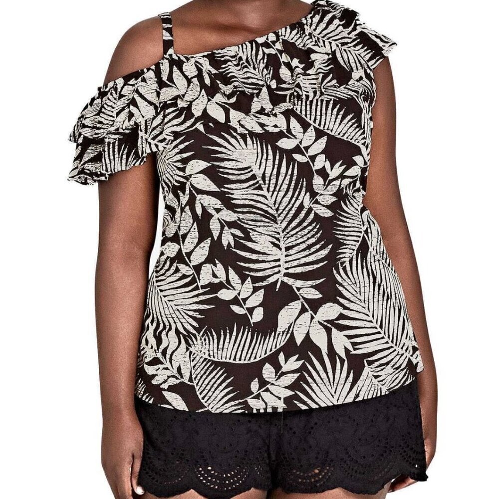 City Chic Plus Palm Print Ruffle One-Shoulder Top Plus Size XL/22 NWT